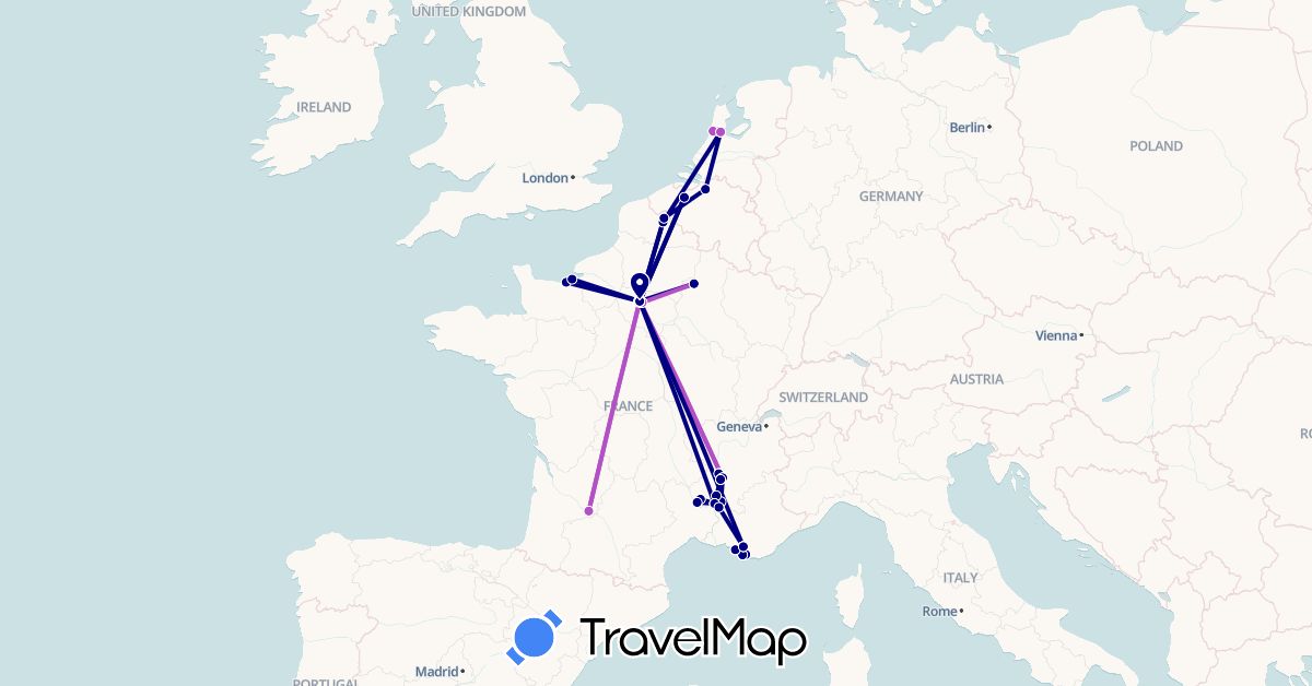 TravelMap itinerary: driving, bus, train in Belgium, France, Netherlands (Europe)